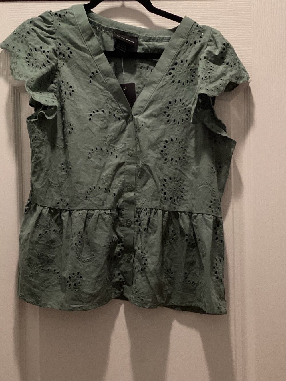 Eyelet Ruffle-Sleeve Peplum Blouse in Sage Green